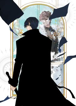 1boy absurdres black_coat black_hair censored censored_identity clenched_hand coat commentary_request falling_paper from_behind highres holding holding_sword holding_weapon kim_dokja male_focus mosaic_art omniscient_reader&#039;s_viewpoint open_clothes open_coat popped_collar sanjinmogufufu short_hair sword weapon yoo_joonghyuk