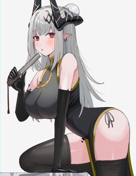 1girl absurdres arknights arm_support bare_shoulders black_dress black_gloves black_thighhighs blush breasts bun_cover commentary_request dress elbow_gloves folded_fan folding_fan gloves grey_background grey_hair grey_panties hair_bun hand_fan hand_up highres holding holding_fan horns large_breasts long_hair looking_at_viewer mudrock_(arknights) panties parted_lips red_eyes side-tie_panties simple_background sleeveless sleeveless_dress solo spam_(spamham4506) sweat thighhighs underwear very_long_hair