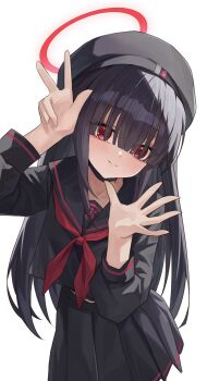 beret black_choker black_hair black_hat black_sailor_collar black_serafuku blue_archive choker covered_eyes hair_over_eyes halo hat highres justice_task_force_member_(blue_archive) long_bangs long_hair looking_at_viewer manjie neckerchief red_eyes red_halo red_neckerchief sailor_collar school_uniform serafuku smile