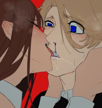 1boy 1girl blonde_hair blood blue_blood blue_eyes blush brown_hair claire_(par0llel) close-up collar elliot_(par0llel) hair_between_eyes hand_on_another&#039;s_face highres kiss licking licking_another&#039;s_face licking_another&#039;s_lips nosebleed original par0llel wrist_cuffs