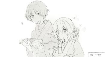1boy 1girl ? ?? alternate_costume alternate_hairstyle blunt_ends bowl choppy_bangs chopsticks commentary_request cross-shaped_pupils eating flying_sweatdrops food genshin_impact greyscale h1j1k1desu hair_between_eyes hair_bun hair_ornament hands_up height_difference holding holding_bowl holding_chopsticks japanese_clothes kimono korean_commentary korean_text leaf leaf_hair_ornament long_sleeves mochi mochi_trail monochrome nahida_(genshin_impact) open_mouth pointy_ears scaramouche_(genshin_impact) single_hair_bun sweatdrop symbol-shaped_pupils tareme translation_request wanderer_(genshin_impact) white_background