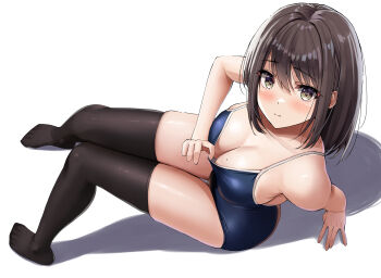 1girl bare_shoulders black_thighhighs blue_one-piece_swimsuit breasts brown_eyes brown_hair cleavage commentary_request highres large_breasts looking_at_viewer medium_hair mole mole_on_breast one-piece_swimsuit original school_swimsuit skindentation solo swimsuit thigh_gap thighhighs thighs yukemuriganmo