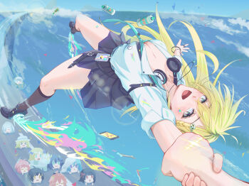 1boy 1girl aemeath_(wuthering_waves) arm_up black_skirt black_socks blonde_hair blue_sky blush braid braided_bangs breasts cartethyia_(wuthering_waves) changli_(wuthering_waves) chisa_(wuthering_waves) cleavage collared_shirt commentary_request day earrings female_rover_(wuthering_waves) fingernails green_necktie highres holding_hands imperator_(wuthering_waves) iuno_(wuthering_waves) jewelry jinhsi_(wuthering_waves) jue_(wuthering_waves) large_breasts long_hair lynae_(wuthering_waves) male_rover_(wuthering_waves) midair multicolored_eyes necktie newkurou outdoors phoebe_(wuthering_waves) phrolova_(wuthering_waves) pov purple_eyes remnant_cube_(wuthering_waves) rover_(wuthering_waves) shirt shirt_tucked_in shorekeeper_(wuthering_waves) skirt sky socks star_(symbol) star_earrings tacet_mark_(wuthering_waves) very_long_hair white_shirt wuthering_waves