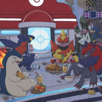 :3 artist_request berry_(pokemon) city claws drink eating food full_body garchomp gen_2_pokemon gen_4_pokemon gen_5_pokemon holding holding_food looking_at_another magmortar meowscarada murkrow nintendo no_humans open_mouth outdoors pokemon pokemon_(creature) pokemon_center pokemon_focus road sharp_teeth sitting smile street teeth typhlosion zoroark