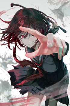 Rule 34 | 2girls, absurdres, ayakakashi, black hair, black sailor collar, black serafuku, black shirt, black shoes, black skirt, black socks, blood, blood on hands, bloody weapon, blurry, blurry background, breast pocket, breasts, chibimameya, chromatic aberration, closed mouth, commentary request, cowboy shot, eyelashes, fingernails, gradient background, grey background, grey eyes, hair between eyes, hands up, highres, holding, holding lead pipe, incoming attack, lead pipe, leaning forward, leg up, loafers, long sleeves, looking at viewer, medium breasts, midair, miniskirt, multiple girls, neckerchief, pleated skirt, pocket, reaching, reaching towards viewer, red neckerchief, sailor collar, school uniform, serafuku, severed torso, shimizu hinako, shirt, shoes, short hair, silent hill (series), silent hill f, skirt, socks, solo focus, standing, standing on one leg, torn clothes, torn neckerchief, torn shirt, torn skirt, v-shaped eyebrows, weapon