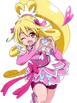 1girl ;d aida_mana bike_shorts blonde_hair bow brooch choker commentary cure_heart detached_sleeves dokidoki!_precure dress dress_bow earrings foot_out_of_frame hair_between_eyes hair_ornament hands_up heart heart_brooch heart_hair_ornament heart_hands high_ponytail jewelry long_hair looking_at_viewer magical_girl one_eye_closed open_mouth pink_bow pink_choker pink_dress pink_eyes pink_shoes pink_shorts pink_sleeves ponytail precure shoes short_dress shorts simple_background smile solo standing standing_on_one_leg symbol-only_commentary uraki very_long_hair white_background