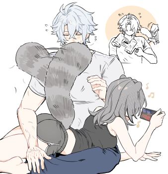 1boy 1girl absurdres alternate_costume animal_ears ass black_shorts breasts cellphone closed_eyes commentary_request flying_sweatdrops grey_hair hetero highres holding holding_phone honkai:_star_rail honkai_(series) lint_roller lying lying_on_lap meat7955 medium_breasts multiple_views musical_note on_stomach pants phainon_(honkai:_star_rail) phone raccoon_ears raccoon_girl raccoon_tail shirt short_shorts short_sleeves shorts simple_background smartphone stelle_(honkai:_star_rail) tail tail_wagging trailblazer_(honkai:_star_rail) veins white_background