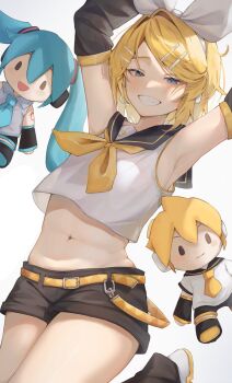 1boy 2girls artist_request belt blonde_hair blue_hair hatsune_miku highres kagamine_len kagamine_rin looking_at_viewer midriff multiple_girls navel short_hair short_shorts shorts smile tagme