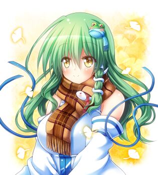 1girl bare_shoulders blush border breasts brown_scarf closed_mouth commentary_request detached_sleeves fading_border frog_hair_ornament green_hair hair_between_eyes hair_ornament highres kochiya_sanae large_breasts long_hair long_sleeves osashin_(osada) plaid_clothes plaid_scarf scarf shirt sleeveless sleeveless_shirt smile snake_hair_ornament solo touhou upper_body white_shirt white_sleeves yellow_background yellow_eyes