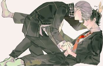 2boys adachi_tooru bags_under_eyes black_hair black_jacket black_pants collared_shirt cramped firee flying_sweatdrops grey_eyes grey_hair highres holding_hands jacket long_sleeves looking_at_another male_focus multiple_boys narukami_yu necktie nervous pants parted_lips persona persona_4 red_necktie school_uniform shirt short_hair simple_background socks white_background white_socks yaoi