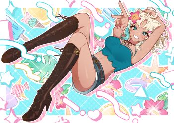 1girl absurdres animal_ear_fluff animal_ears aqua_eyes aqua_streaks arm_up artist_request black_boots blonde_hair blue_background blue_shirt blue_shorts boots border breasts commentary_request cropped_shirt dark-skinned_female dark_skin dog_ears dog_girl fingernails fish flower food full_body hair_flower hair_ornament hand_up high_heel_boots high_heels highres ice_cream ice_cream_cone indie_virtual_youtuber knee_boots looking_at_viewer medium_breasts midriff mona_meria multicolored_hair nail_polish navel outside_border parted_bangs pink_nails second-party_source shirt short_hair short_shorts shorts sleeveless sleeveless_shirt smile solo star_(symbol) streaked_hair triangle v virtual_youtuber white_border
