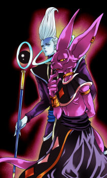 Rule 34 | 2boys, animal ears, bare shoulders, bracelet, cat ears, colored skin, dragon ball, dragonball z, dragonball z battle of gods, god of destruction beerus, highres, jewelry, monster, multiple boys, no humans, purple skin, tail, whis, wristband