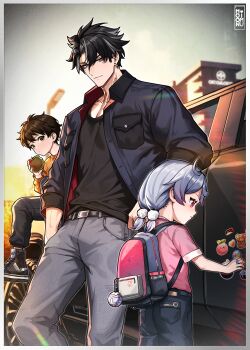 1girl 2boys absurdres backpack bag black_hair black_jacket black_pants black_shirt blue_hair car cyberpunk_(series) cyberpunk_2077 earrings genshin_impact grey_eyes grey_hair grey_pants hair_ornament highres jacket jewelry long_sleeves moonimu_art motor_vehicle multicolored_hair multiple_boys pants pink_shirt shirt short_hair sigewinne_(genshin_impact) wriothesley_(genshin_impact)