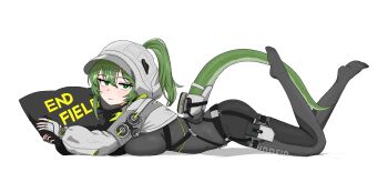1girl :3 arknights arknights:_endfield ass black_bodysuit blush bodysuit breast_press capelet cocktiel77 commentary_request feet_up fingerless_gloves fluorite_(arknights) gloves green_eyes green_hair grey_capelet grey_gloves high_ponytail highres hood hood_up hooded_capelet korean_commentary long_sleeves looking_at_viewer lying no_shoes on_stomach pillow ponytail simple_background snake_tail solo tail white_background
