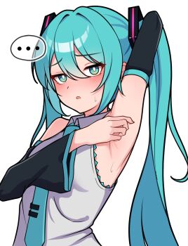 1girl :o aqua_eyes aqua_hair aqua_necktie arm_behind_head armpit_focus armpits bare_shoulders black_sleeves blush breasts bright_pupils check_commentary collared_shirt commentary_request detached_sleeves disappointed double-parted_bangs fingernails furrowed_brow hair_intakes hatsune_miku highres kumada_gaon long_hair looking_at_viewer necktie parted_lips presenting_armpit shirt simple_background small_breasts solo sweatdrop tie_clip twintails upper_body vocaloid white_background white_pupils white_shirt