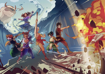 3boys 3girls aang aerokinesis appa avatar:_the_last_airbender avatar_legends bag bald black_hair boots brown_hair burn_scar commentary ctreuselex element_bending english_commentary fire fireball geokinesis green_hairband hairband highres hydrokinesis katara magic momo_(avatar) multiple_boys multiple_girls pants ponytail pyrokinesis rock scar scar_on_face smile sokka staff suki_(avatar) tattoo toph_beifong water wind zuko