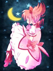 Rule 34 | 1girl, animated, animated gif, bow, clovieloaf, crescent moon, floating, gloves, hair bow, hair ribbon, kaname madoka, kaname madoka (magical girl), magical girl, mahou shoujo madoka magica, moon, night, night sky, non-web source, own hands together, pink hair, ribbon, sky, solo, star (sky), twintails