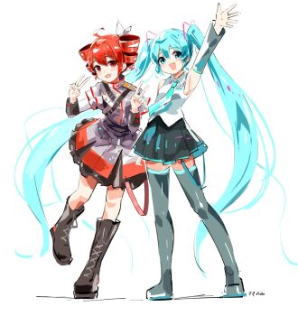 Rule 34 | 2girls, ahoge, arm up, armpits, belt, black belt, black boots, black skirt, black sleeves, black thighhighs, blue necktie, blush, boots, buttons, detached sleeves, double-breasted, double v, drill hair, flat chest, grey jacket, grey skirt, hair between eyes, hatsune miku, jacket, kasane teto, kasane teto (sv), knee boots, layered skirt, layered sleeves, leg up, long sleeves, looking at viewer, mp777b, multiple girls, necktie, open mouth, pleated skirt, red eyes, red hair, red skirt, red trim, shirt, shoulder belt, shoulder boards, simple background, skirt, skirt set, sleeveless, sleeveless shirt, standing, standing on one leg, synthesizer v, thigh boots, thighhighs, twin drills, utau, v, vocaloid, white background, white shirt