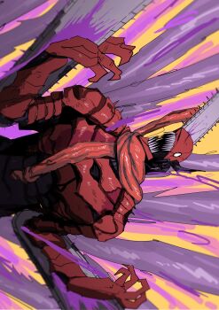 1boy armor blood blood_splatter bloody_weapon chainsaw chainsaw_man colored_blood commentary_request demon_horns denji_(chainsaw_man) denji_man_(chainsaw_man) highres horns intestine_clothing intestines multiple_weapons pull_cord red_armor sharp_teeth spiked_armor spikes teeth weapon y7u7e7 yellow_background yellow_eyes