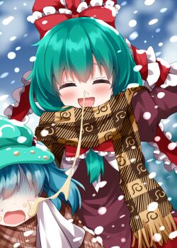 Rule 34 | 2girls, :d, ^ ^, blue hair, blurry, blurry background, blush, brown dress, brown scarf, closed eyes, commentary request, dress, frilled ribbon, frills, green hair, green hat, hair ribbon, hat, highres, juliet sleeves, kagiyama hina, kawashiro nitori, long hair, long sleeves, multiple girls, open mouth, outdoors, puffy sleeves, red ribbon, ribbon, ruu (tksymkw), scarf, short hair, smile, snot, snowing, touhou, upper body, winter