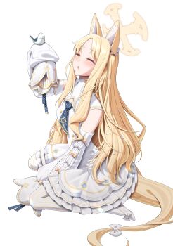 1girl absurdres animal_ear_fluff animal_ears bare_shoulders between_legs bird bird_on_hand blonde_hair blue_archive blush bow breasts bright_pupils buttons commentary cross_halo detached_sleeves double-breasted dress fox_ears fox_girl fox_tail full_body halo hand_between_legs hand_up highres long_hair looking_at_animal m1ssed open_mouth pantyhose parted_bangs seia_(blue_archive) shoes sidelocks simple_background sitting sleeveless sleeveless_dress sleeves_past_fingers sleeves_past_wrists slit_pupils small_breasts solo straight_hair striped_clothes striped_pantyhose tail tail_bow tail_ornament twitter_username vertical-striped_clothes vertical-striped_pantyhose very_long_hair wariza wavy_ends white_background white_bird white_bow white_dress white_pantyhose white_pupils white_shoes wide_sleeves yellow_eyes yellow_halo