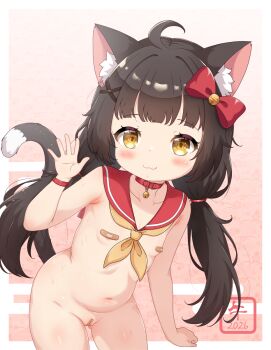 1girl ahoge animal_ear_fluff animal_ears bandaid bandaid_on_pussy bandaids_on_nipples black_hair bow cat_ears cat_girl cat_tail flat_chest hair_bow highres loli long_hair neckerchief original pasties solo tail twintails yellow_neckerchief zendamu