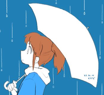 1girl 2025 artist_request blue_hoodie brown_hair city_(arawi_keiichi) colored_skin highres holding holding_umbrella hood hoodie nagumo_midori non-web_source ponytail rain simple_background solo source_request tareme umbrella upper_body water_drop white_skin white_umbrella
