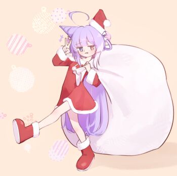 1girl absurdres ahoge blue_eyes boots brown_eyes christmas commentary_request cone_hair_bun dress electromocha full_body fur-trimmed_boots fur-trimmed_dress fur_trim hair_bun hands_up hat heterochromia highres holding holding_sack korean_commentary leg_up long_hair long_sleeves looking_at_viewer off-shoulder_dress off_shoulder parted_lips purple_hair red_boots red_dress sack santa_costume santa_hat short_dress solo stellive tenko_shibuki v virtual_youtuber yellow_background
