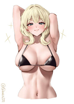 1girl alternate_costume armpits arms_behind_head arms_up bikini black_bikini blonde_hair blue_eyes blush breasts colorado_(kancolle) commentary ebifurya hashtag-only_commentary highres kantai_collection large_breasts lips looking_at_viewer one-hour_drawing_challenge short_hair solo swimsuit twitter_username upper_body white_background