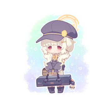 Rule 34 | 1girl, :<, aoba (blue archive), blue archive, blue hat, blue jacket, bow, bowtie, brown gloves, chibi, chibi only, closed mouth, commentary request, gloves, halo, hat, highres, jacket, long sleeves, low twintails, newsboy cap, peaked cap, puffy long sleeves, puffy sleeves, red eyes, sasakura momiji, solo, twintails, white hair, yellow bow, yellow bowtie, yellow halo