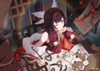 1girl absurdres alternate_costume animalization black_hair blue_eyes calligraphy calligraphy_brush cat columbina_(genshin_impact) commentary_request flower genshin_impact hand_on_own_chin head_wings headdress highres holding holding_calligraphy_brush holding_paintbrush indoors li_feng_(user_hvnc4748) long_hair looking_at_viewer multicolored_hair one_eye_closed paintbrush paw_print plum_blossoms pom_pom_(clothes) purple_eyes purple_hair sandrone_(genshin_impact) smile wings