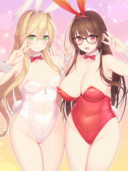 Rule 34 | 2girls, animal ears, artist name, bare shoulders, black-framed eyewear, bow, bowtie, breasts, cleavage, closed mouth, commentary request, detached collar, double v, fake animal ears, glasses, gradient background, green eyes, hands up, highres, kashiwamochi yomogi, large breasts, leotard, long hair, medium breasts, multiple girls, ok sign, open mouth, original, playboy bunny, rabbit ears, rabbit tail, red bow, red bowtie, red eyes, red leotard, smile, standing, strapless, strapless leotard, tail, v, very long hair, w, white leotard