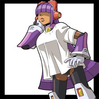 1girl android capcom dark_skin dark-skinned_female female_focus fringe_trim hand_on_own_hip hand_on_own_cheek hand_on_own_face headgear layer_(mega_man) lips long_hair mole napo purple_hair mega_man_(series) mega_man_x_(series) mega_man_x8 shirt sidelocks solo t-shirt white_shirt