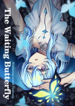 1girl absurdres arm_up armlet blake_bloom_(wuthering_waves) blue_butterfly blue_hair blush bug butterfly colored_eyelashes commentary dress english_commentary english_text fingernails flareza from_above hair_between_eyes highres insect jewelry long_hair looking_at_viewer lying nail_polish on_back open_mouth purple_eyes purple_nails shorekeeper_(wuthering_waves) solo title white_dress wuthering_waves