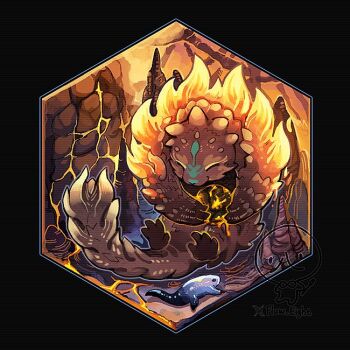 Rule 34 | animal focus, cave, character request, flaw eight, holding, holding rock, indoors, lava, monster hunter (series), no humans, rock, salamander, stalagmite