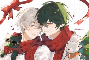 2boys alternate_costume checkered_background christmas_tree commentary_request crossed_bangs green_eyes green_hair grey_hair heart highres lighter_(zenless_zone_zero) looking_at_another male_focus multiple_boys open_mouth portrait red_pupils red_ribbon red_scarf ribbon scarf short_hair stuffed_animal stuffed_toy sweater teddy_bear twitter_username unowen_0111 white_background white_sweater wise_(zenless_zone_zero) yaoi zenless_zone_zero