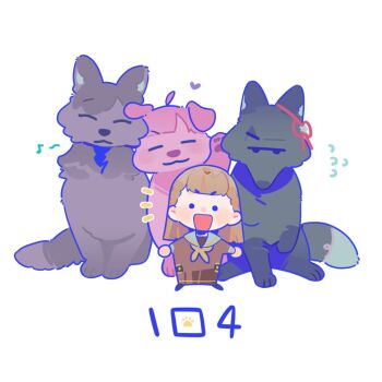 Rule 34 | . ., 1girl, :3, :d, ahoge, animal with hair, animalization, anyoji hime, brown dress, brown hair, center-flap bangs, closed eyes, closed mouth, commentary, dog, dress, eighth note, flower knot, flying sweatdrops, fox, hasu no shoushihenkei, hasu no sora school uniform, highres, jitome, kachimachi kosuzu, katsuragi izumi, link! like! love live!, long hair, long sleeves, looking at viewer, love live!, mini person, minigirl, momose ginko, musical note, neckerchief, notice lines, open mouth, pipi (m1x mix), sailor collar, sailor dress, school uniform, simple background, smile, standing, symbol-only commentary, v-shaped eyebrows, virtual youtuber, white background, white sailor collar, winter uniform, wolf, yellow neckerchief