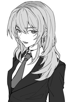 Rule 34 | 1girl, ear piercing, girls band cry, greyscale, hair between eyes, highres, jacket, kawaragi momoka, long hair, monochrome, multicolored hair, n nai nai n, necktie, open mouth, piercing, roots (hair), simple background, solo, upper body