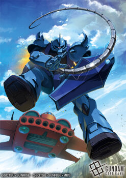aircraft blue_sky cloud commentary_request computer copyright_name copyright_notice day dodai_ys flying glint gouf gundam horns ishida_baru mecha mecha_focus mobile_suit mobile_suit_gundam no_humans official_art one-eyed open_hand outdoors outstretched_arm robot science_fiction shield shoulder_spikes single_horn sky spikes sunrise_(company) weapon whip zeon