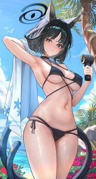1girl absurdres adapted_costume animal_ears arm_up armpit_focus armpits bakeneko bikini black_bikini black_hair black_tail blue_archive blue_halo blue_sky blue_tail breasts bubble99 cat_ears cat_girl cat_tail commentary_request criss-cross_straps gradient_tail halo hand_fan handheld_electric_fan haori highres holding holding_fan japanese_clothes kikyou_(blue_archive) kikyou_(swimsuit)_(blue_archive) korean_commentary looking_at_viewer medium_breasts multi-strapped_bikini_bottom multi-strapped_bikini_top multiple_tails navel official_alternate_costume official_alternate_hairstyle outdoors palm_tree short_hair side-tie_bikini_bottom sideboob sky solo stomach swimsuit tail thighs tree two_tails underboob v-shaped_eyebrows white_haori