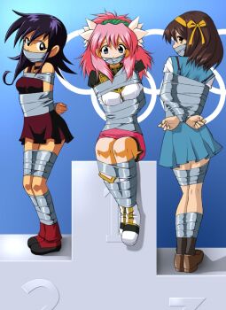 3girls arms_behind_back bdsm black_eyes black_hair black_legwear blue_eyes bondage bound bound_ankles bound_arms bound_legs bound_wrists breast_bondage breasts brown_eyes brown_hair choker competition crossover daikinbakuju dress duel_masters galaxy_angel hair_ribbon legs long_hair looking_at_viewer looking_back milfeulle_sakuraba military military_uniform miniskirt multiple_girls pink_hair ribbon school_uniform shoes sitting skirt sleeveless sleeveless_dress socks suzumiya_haruhi suzumiya_haruhi_no_yuuutsu tape tape_bondage tasogare_mimi teeth
