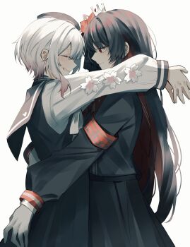 2girls absurdres armband black_hair black_hat black_shirt black_skirt black_vest closed_eyes closed_mouth colored_inner_hair commentary flower gloves gradient_hair hair_flower hair_ornament hat highres mahou_shoujo_no_majo_saiban multicolored_hair multiple_girls nikaido_hiro parted_lips pink_hair red_armband red_eyes red_hair ritzchrono sakuraba_ema shirt short_hair simple_background skirt smile vest white_background white_flower white_gloves white_hair white_shirt yuri