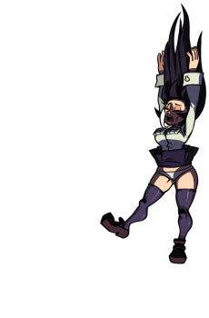 Rule 34 | filia (skullgirls), gluteal fold, hair up, highres, long hair, long sleeves, official art, panties, pleated skirt, samson (skullgirls), skirt, skullgirls, thick thighs, thighhighs, thighs, transparent background, underwear, upskirt, wide sleeves