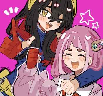 2girls arched_bangs black_hair blue_gakuran blue_jacket blueberry_academy_school_uniform blush cardigan carmine_(pokemon) closed_eyes collared_shirt colored_inner_hair commentary_request crossed_bangs eyelashes gloves hair_between_eyes hair_ornament hairband hairclip han0579 highres jacket lacey_(pokemon) long_hair long_sleeves looking_at_viewer mole mole_under_eye multicolored_hair multiple_girls nintendo one_eye_closed open_clothes open_mouth pink_hair pokemon pokemon_sv red_gloves red_hair school_uniform shirt short_hair single_glove smile teeth two-tone_hair upper_teeth_only white_shirt yellow_eyes yellow_hairband