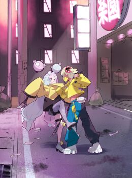 2girls absurdres canari_(pokemon) fighting glassy0302 highres iono_(pokemon) multicolored_hair multiple_girls nintendo pokemon pokemon_legends:_z-a pokemon_sv two-tone_hair