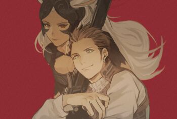 1boy 1girl animal_ears balflear black_bodysuit black_headwear bodysuit breasts brown_hair brown_vest cleavage cleavage_cutout closed_mouth clothing_cutout earrings final_fantasy final_fantasy_xii fran_(ff12) garbage_paper gold_trim green_eyes gun hair_slicked_back highres holding holding_gun holding_weapon jewelry light_smile long_sleeves looking_at_viewer medium_breasts multiple_earrings over_shoulder ponytail rabbit_ears rabbit_girl red_background red_eyes shirt short_hair vest viera weapon weapon_over_shoulder white_hair white_shirt