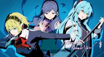 3girls aigis_(persona) animal_ears black_jacket black_skirt blonde_hair blue_eyes blue_hair blue_shirt bow bowtie cat_ears closed_mouth coat collared_shirt commentary commission cowboy_shot crossover dress_shirt eiyuu_densetsu english_commentary fake_animal_ears fire_emblem fire_emblem:_path_of_radiance gekkoukan_high_school_uniform green_shirt half-closed_eyes ilyana_(fire_emblem) jacket long_sleeves looking_to_the_side multiple_crossover multiple_girls nakano_maru nintendo persona persona_3 persona_3_reload purple_hair red_bow red_bowtie school_uniform sen_no_kiseki_(series) shirt short_hair skeb_commission skirt smile tio_plato white_coat white_shirt yellow_eyes