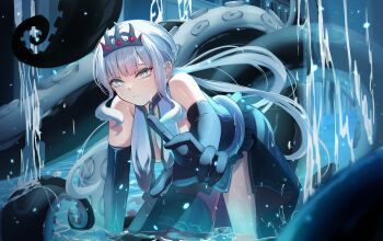 1girl absurdres anzusouda bare_shoulders black_dress black_gloves blue_eyes blue_hair breast_curtains breasts cleavage commentary_request crown dress elbow_gloves gloves highres large_breasts leaning_forward light_particles long_hair looking_at_viewer ocean original outdoors outstretched_arm parted_lips reaching sidelocks solo standing tentacle_girl tentacle_hair tentacles thighs very_long_hair wading water waterfall wet