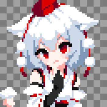 Rule 34 | 1girl, animal ears, bare shoulders, blush, breasts, commentary request, detached sleeves, hat, highres, inubashiri momiji, pixel art, pom pom (clothes), red eyes, shirt, short hair, skirt, solo, takeez3, tokin hat, touhou, white hair, wolf ears
