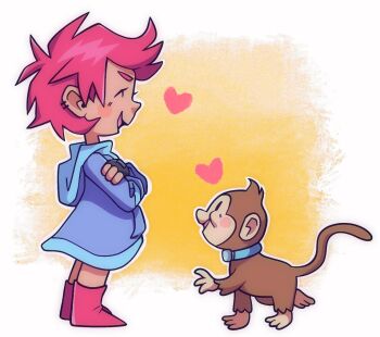 1girl animal_ears bamblebamm boots dress happy heart hood hooded_dress hoodie kumatora monkey monkey_ears monkey_tail mother_(series) mother_3 nintendo open_mouth pink_hair salsa_(mother) short_hair simple_background smile tail